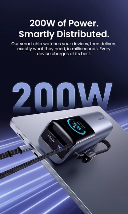 Sonicora 25,000mAh Power Bank – 200W Fast Charging, Retractable USB-C Cable & TFT Display