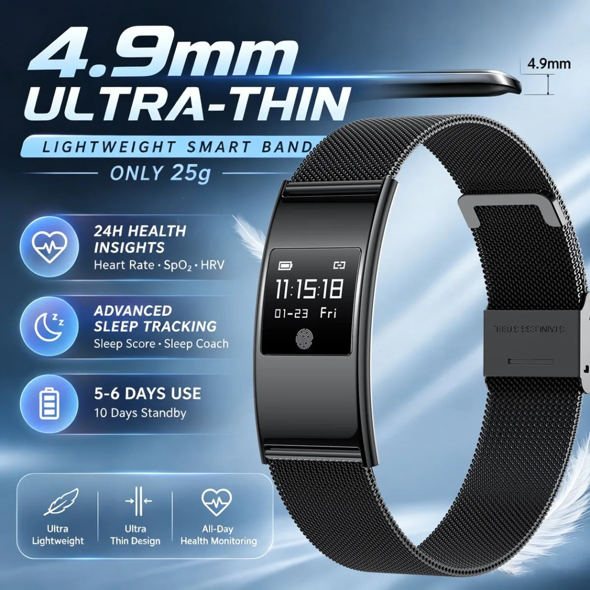 Sonicora Ultra-Slim Smartwatch – Heart Rate, Blood Oxygen & Sleep Tracking