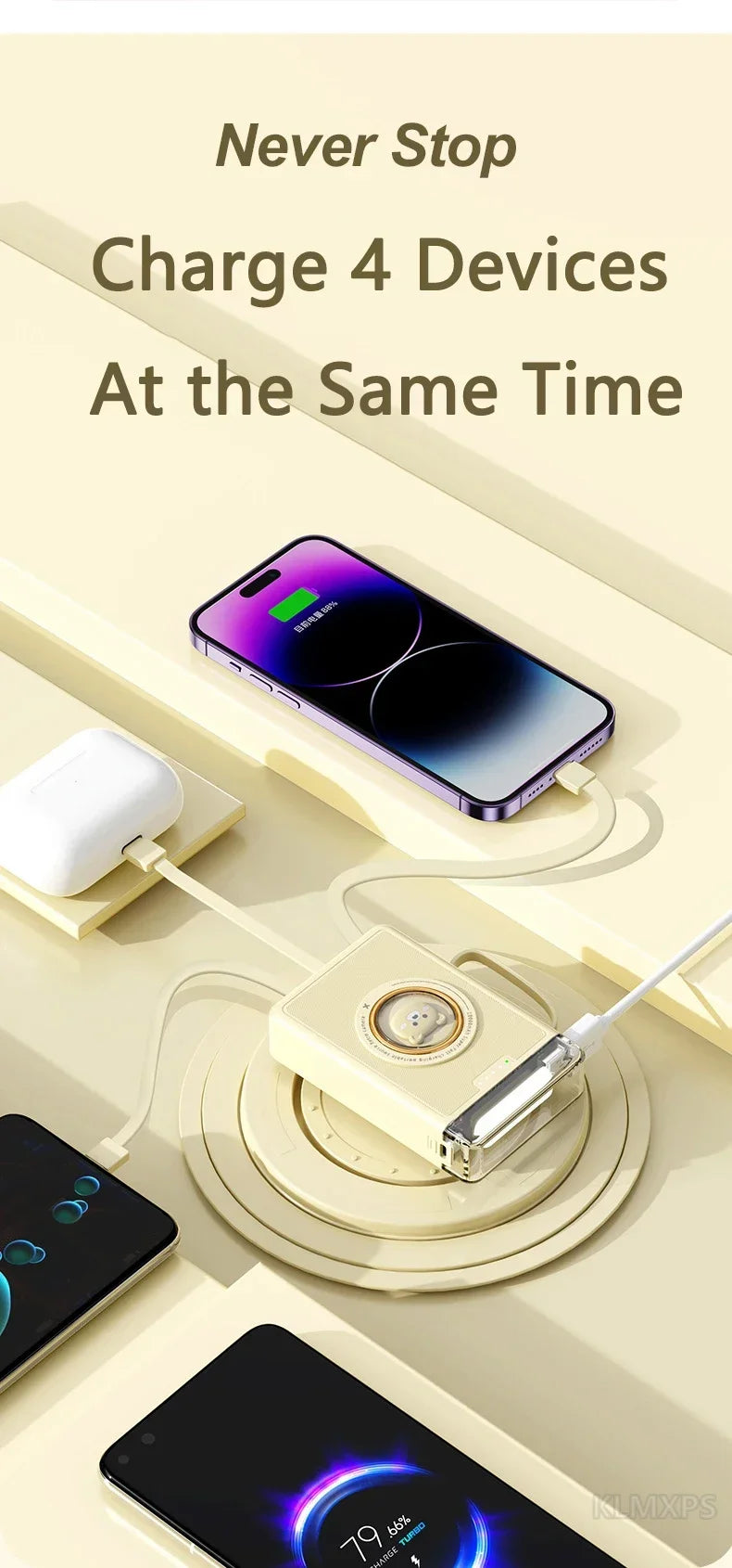 Sonicora 20,000mAh Mini Power Bank – 4 Built-In Charging Cables & LED Flashlight