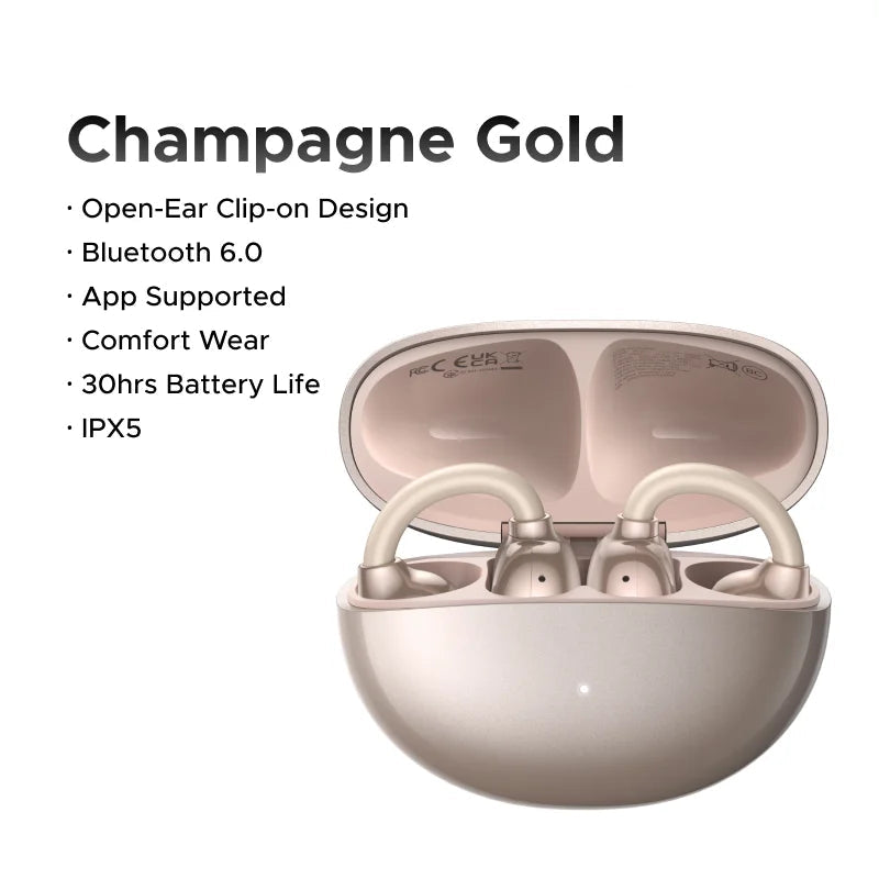 UGREEN champagne gold wireless earbuds with charging case on a white background