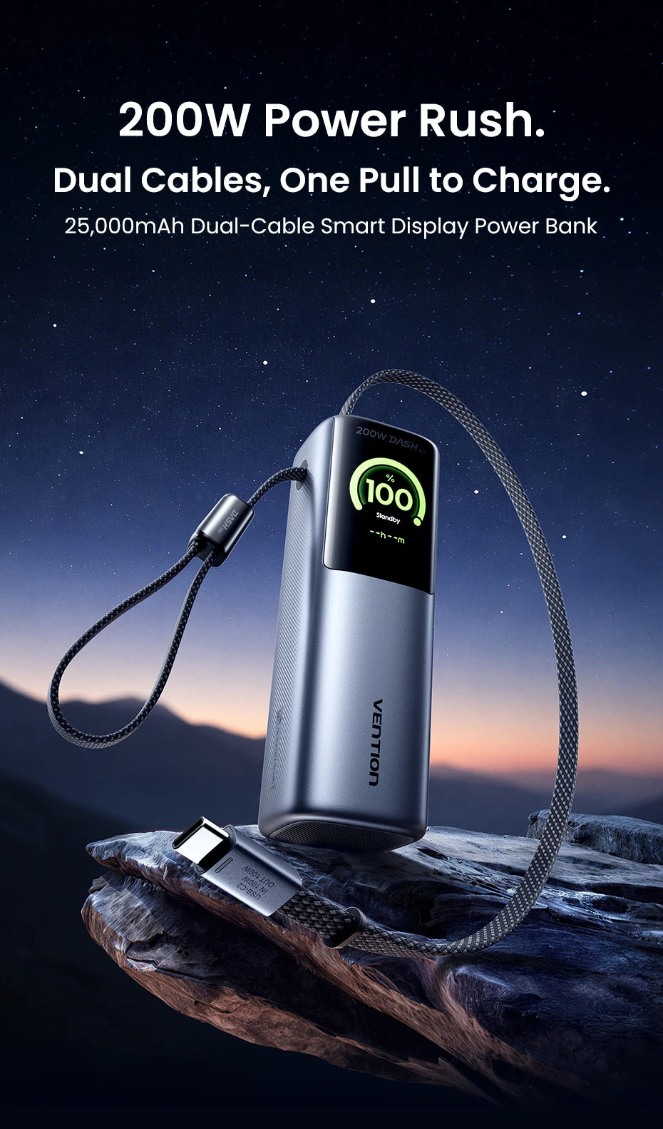 Sonicora 25,000mAh Power Bank – 200W Fast Charging, Retractable USB-C Cable & TFT Display