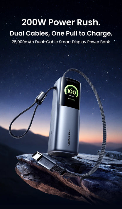 Sonicora 25,000mAh Power Bank – 200W Fast Charging, Retractable USB-C Cable & TFT Display